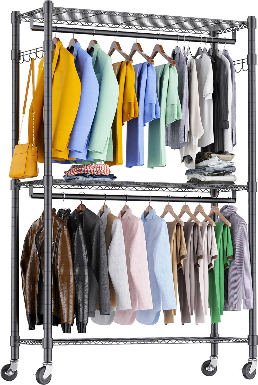 WANHUI Rolling Garment Rack 3 Tiers Adjustable Wire Shelving Clothes