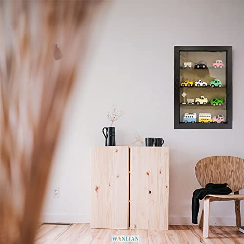 WANLIAN Large Shadow Box with Shelves, 11x16 Wooden Shadow Box Display Cabinet with Acrylic Window, 3 Removable Shelves and Linen Back, for Displaying Photo Souvenir Collection (Bl