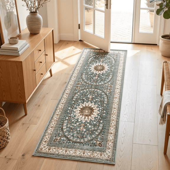 WANLISELL 2' x 6' Hallway Runner Rug, Washable Low Pile Distressed Carpet, Non Slip Runners for Laundry, Bedroom, Entrance, Kitchen, Green & Brown