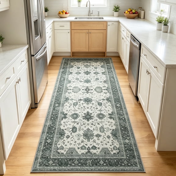 WANLISELL 2ft x 6ft Boho Runner Rug, Non-Slip Machine Washable Rug Distressed Vintage Floor Carpet for Bedroom Kitchen Living Laundry Room, Green Beige