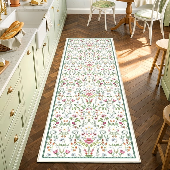 WANLISELL 2'x6' Floral Runner Rug for Hallways, Soft Non-Slip Washable Area Rugs, Boho Indoor Printed Floor Carpet for Kitchen, Laundry, Bedroom, Entryway, Office, Home Decor, Green & White