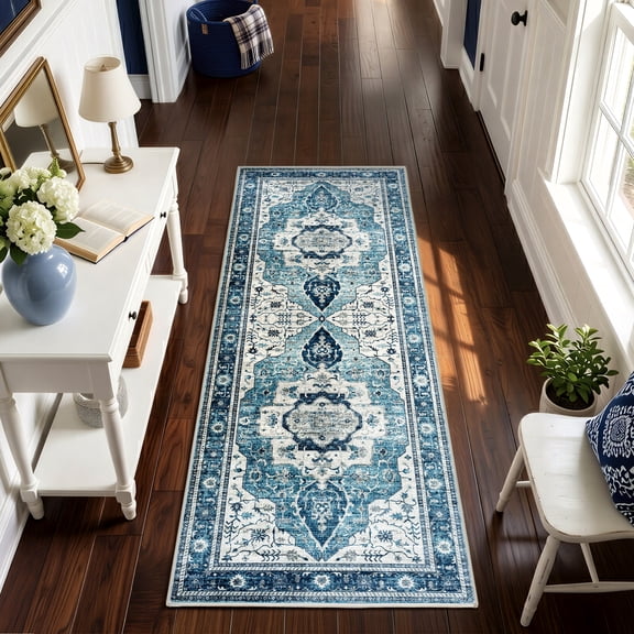 WANLISELL 2'x6' Hallway Runner Rug, Non Slip Washable Boho Kitchen Rugs, Distressed Soft Floor Carpet for Entryway, Bedroom, Laundry Room, Blue