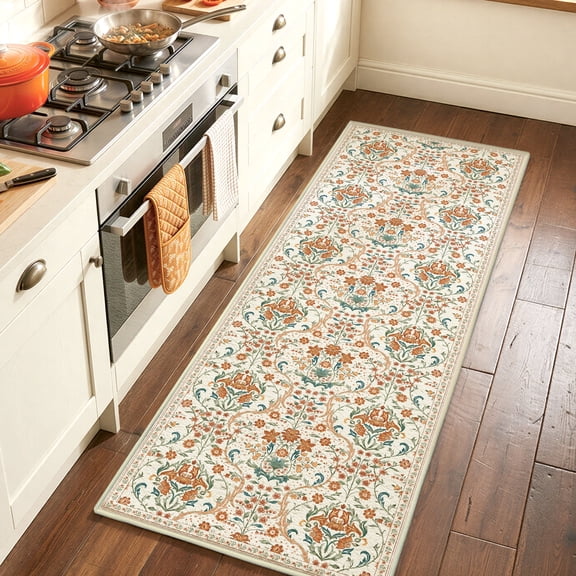 WANLISELL 2'x6' Boho Runner Rug for Hallway, Non Slip Machine Washable Kitchen Floor Runners for Laundry, Bedroom, Beige Orange