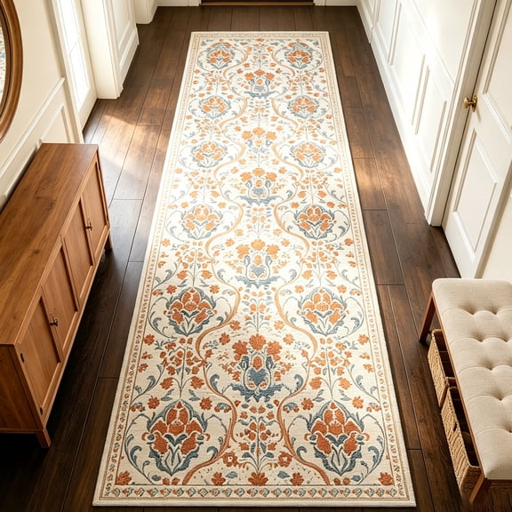 WANLISELL 2ft x 6ft Boho Runner Rug for Hallway, Non Slip Machine Washable Kitchen Floor Runners for Bedroom, Beige Orange