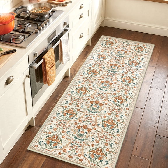 WANLISELL 2ft x 6ft Boho Runner Rug for Hallway, Non Slip Machine Washable Kitchen Floor Runners for Bedroom, Beige Orange