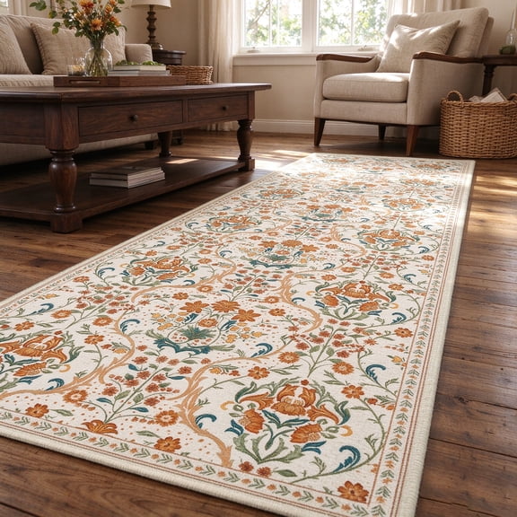 WANLISELL 2ft x 6ft Boho Runner Rug for Hallway, Non Slip Machine Washable Rug Kitchen Floor Runners for Bedroom, Beige Orange