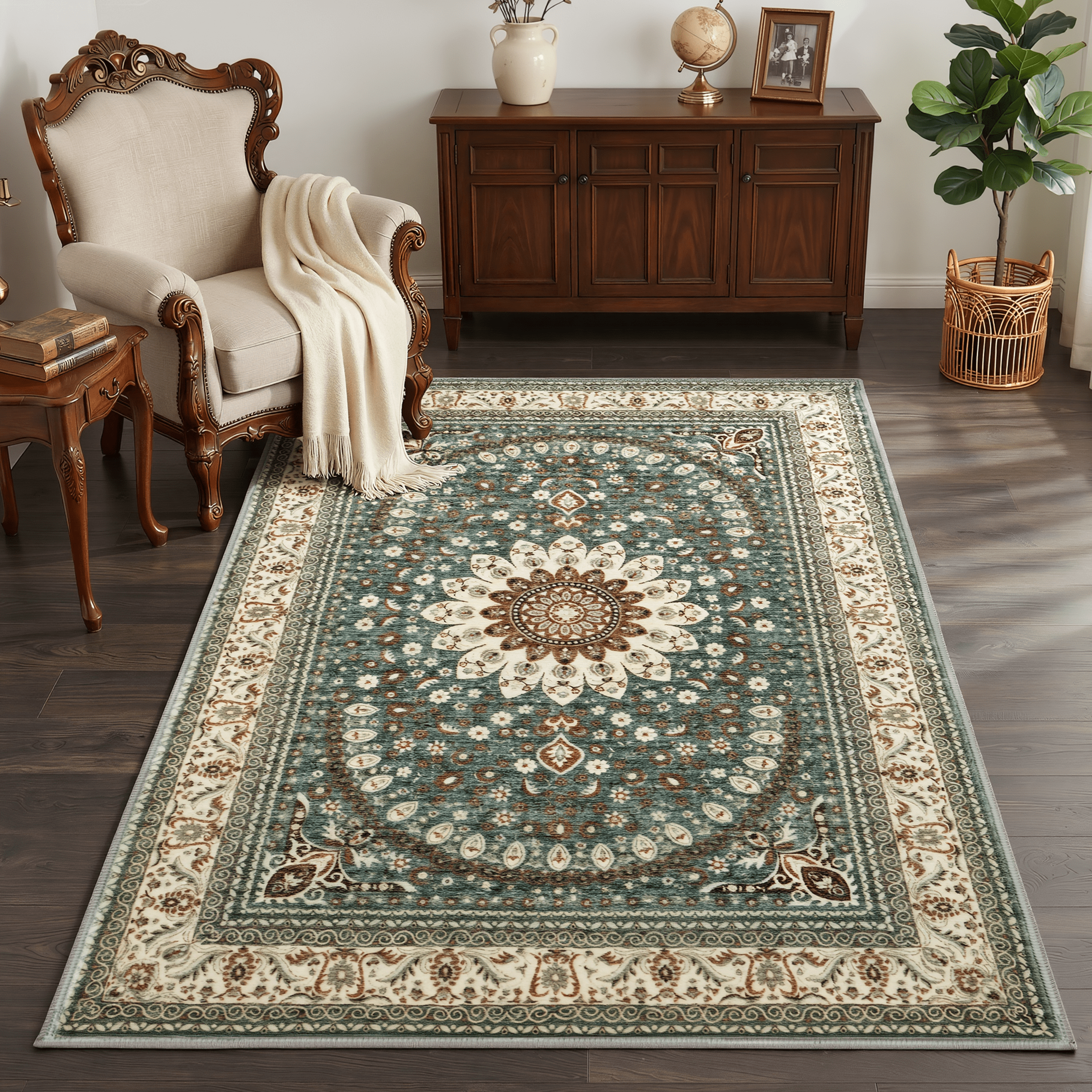 WANLISELL 5' x 7' Area Rugs for Living Room, Floral Vintage Distressed Washable Rug, Soft Non-Slip Carpet for Bedroom, Dining Room, Home Office, Green & Brown