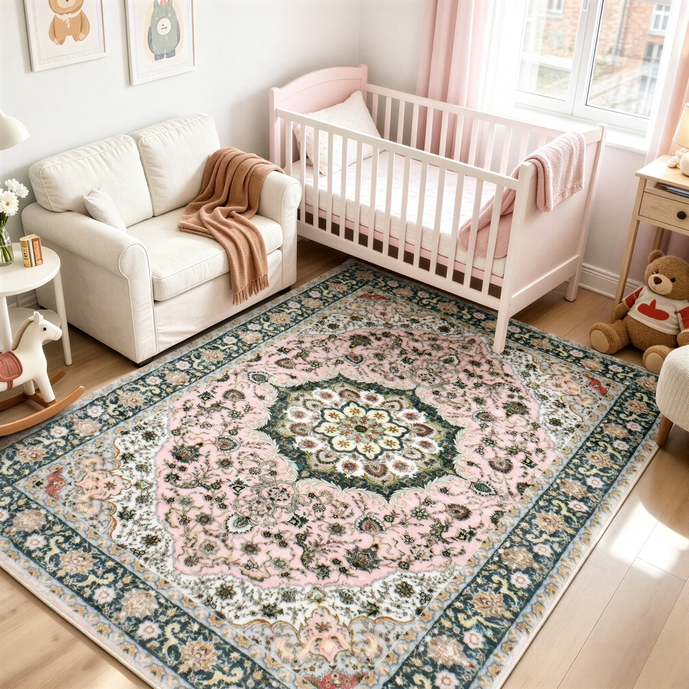 WANLISELL 5'x7' Area Rugs for Living Room, Pink Vintage Floral Washable Rug, Non-Slip Soft Boho Indoor Carpet for Bedroom, Dining Room, Playroom