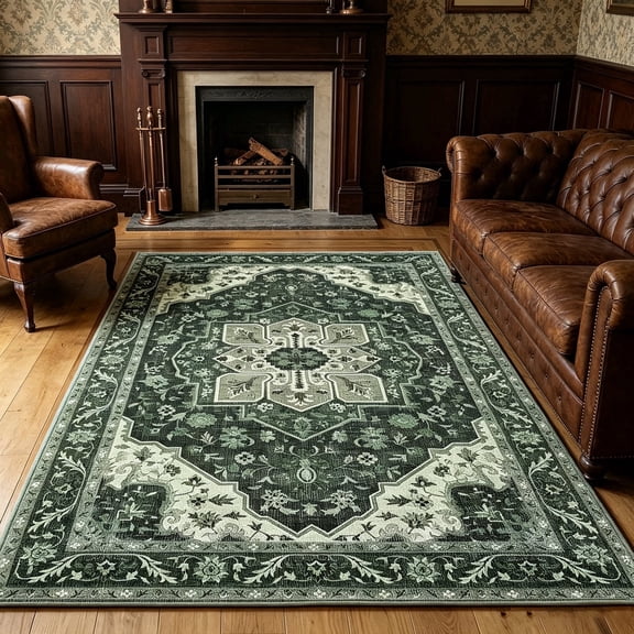 WANLISELL 5'x7' Area Rugs for Living Room, Boho Non-Slip Machine Washable Rug, Non-Shedding Distressed Soft Indoor Carpet for Bedroom, Dining Room, Dark Green
