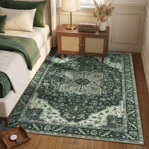 WANLISELL 5'x7' Area Rugs for Living Room, Boho Washable Rug Non-Slip Vintage Soft Bedroom Rug, Non-Shedding Distressed Farmhouse Dining Room Rugs, Dark Green