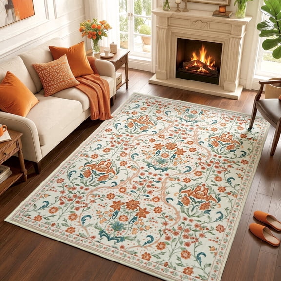 WANLISELL 5'x7' Floral Area Rug, Non Slip Machine Washable Rug for Living Room, Indoor Carpets with Non Slip Back, Beige Orange