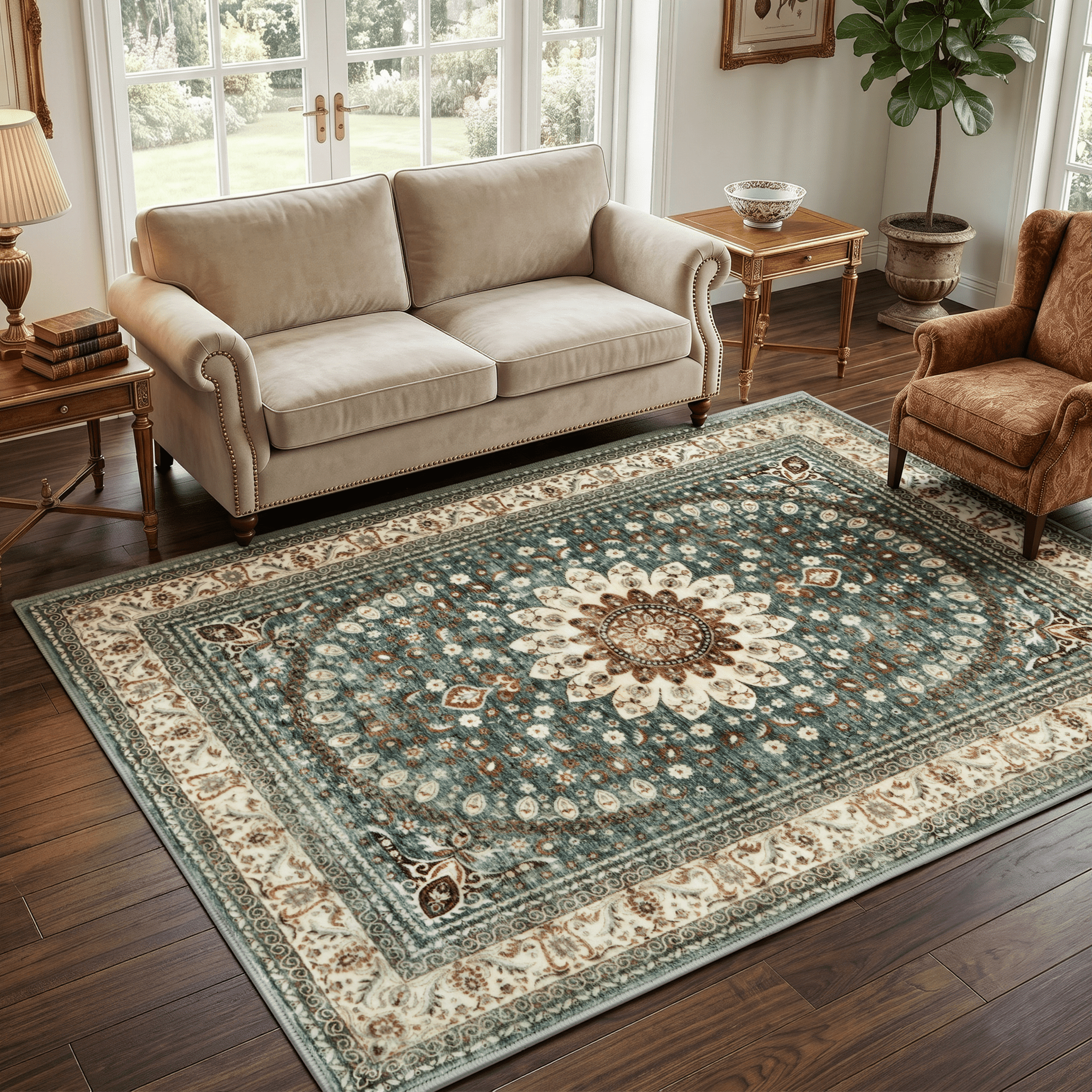 WANLISELL 6' x 9' Area Rugs for Living Room, Washable Vintage Floral Rug Indoor Large Carpets for Bedroom, Dining Room, Home Office, Playroom, Green & Brown