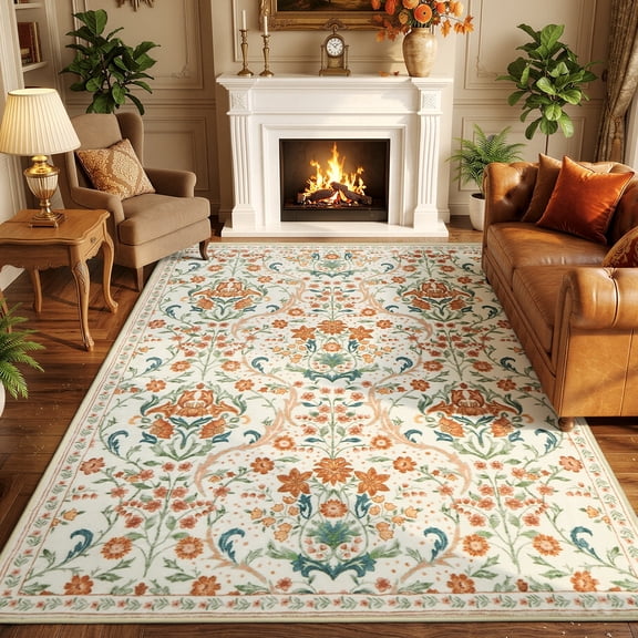 WANLISELL 6'x9' Area Rug for Living Room, Non-Slip Machine Washble Rug, Distressed Oriental Farmhouse Carpet for Bedroom, Beige Orange