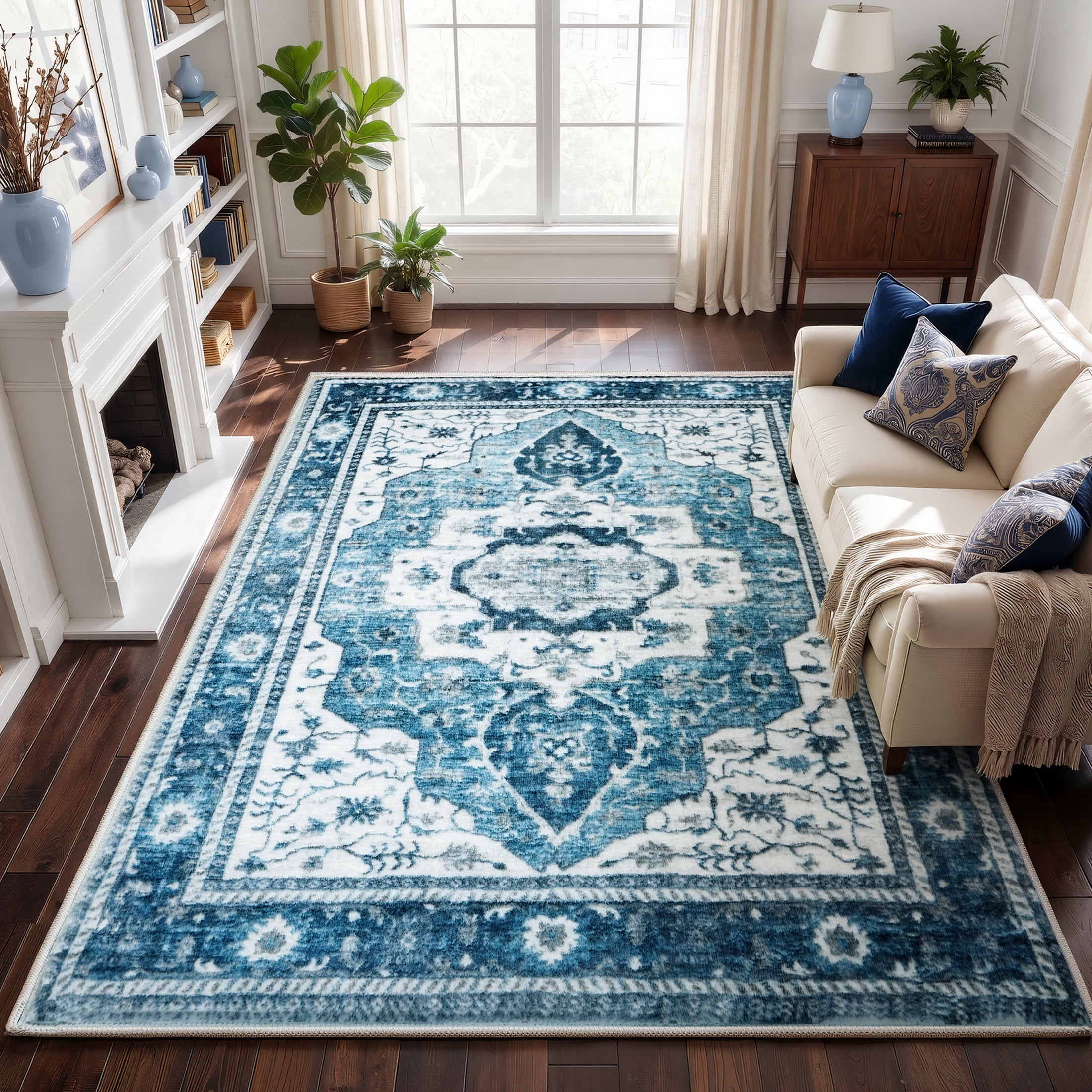 WANLISELL 6'x9' Washable Area Rugs, Vintage Non-Slip Distressed Rugs, Soft Non-Slip Carpet for Living Room, Office, Bedroom, Dinging Room, Home Decor, Blue