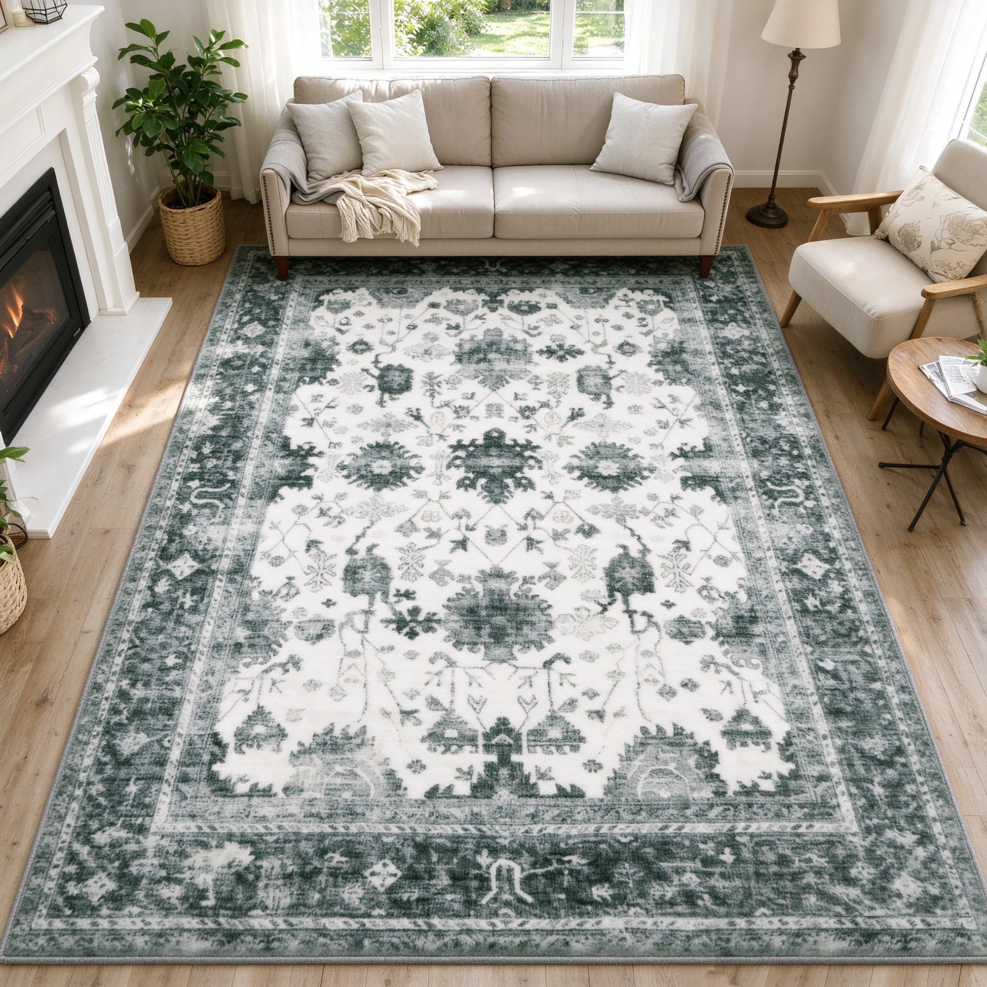 WANLISELL 8' x 10' Area Rugs for Living Room, Non-Slip Machine Washable Rug, Vintage Soft Indoor Carpets, Green Beige