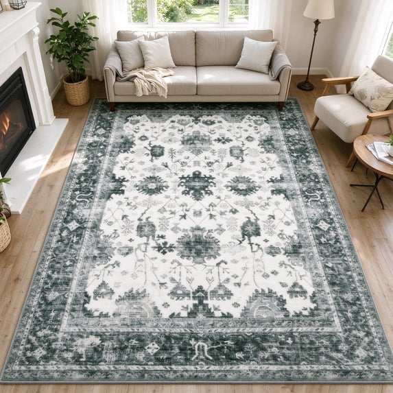 WANLISELL 8' x 10' Area Rugs for Living Room, Non-Slip Machine Washable Rug, Vintage Soft Indoor Carpets, Green Beige