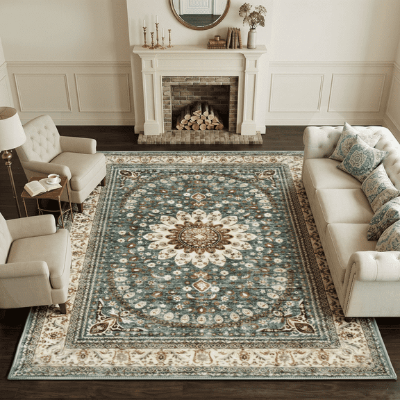 WANLISELL 8' x 10' Large Area Rugs for Living Room, Non-Shedding Low-Pile Washable Rug, Non-Slip Carpet for Bedroom, Dining Room, Home Office, Home Decor, Green & Brown