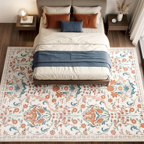 WANLISELL 8'x10' Area Rug for Living Room, Non Slip Washable Rugs Carpets, Bedroom Farmhouse Vintage Distressed Rugs for Bedroom, Beige Orange