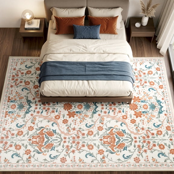 WANLISELL 8'x10' Area Rug for Living Room, Non Slip Washable Rugs Carpets, Bedroom Farmhouse Vintage Distressed Rugs for Bedroom, Beige Orange