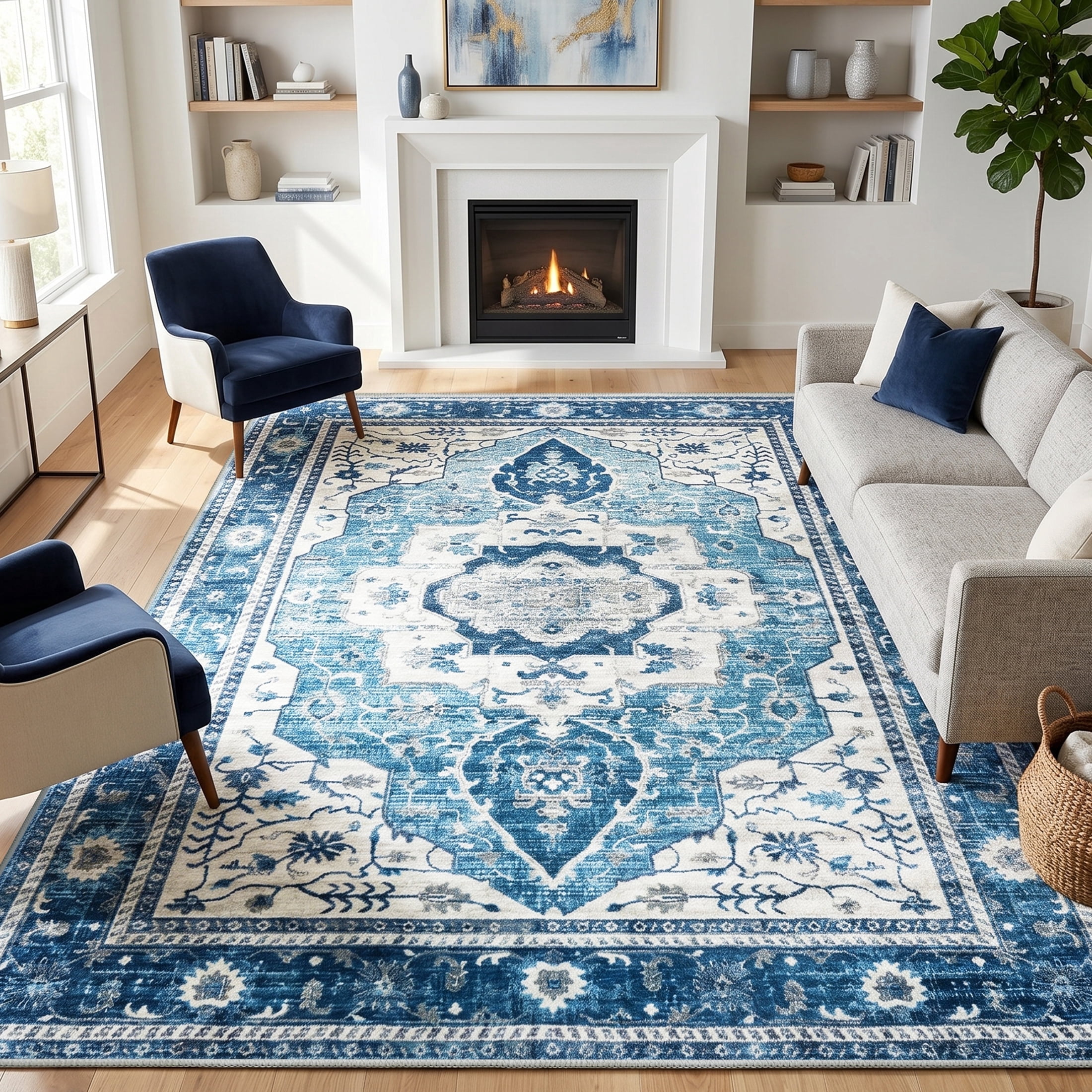 WANLISELL 8'x10' Washable Area Rugs, Large Living Room Bedroom Rug, Soft Boho Vintage Carpets for Dining Room Home Office Indoor Floor, Non-Slip & Low-Pile, Blue