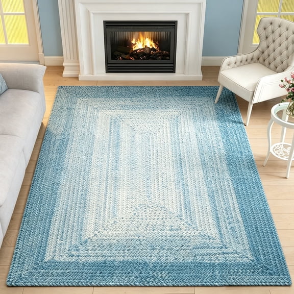 WANLISELL 5'x7' Area Rug, Braided Texture Woven Rug, Non Slip Washable Carpet, Durable for Living Room, Kitchen, Bedroom, Farmhouse Decor, Blue/White