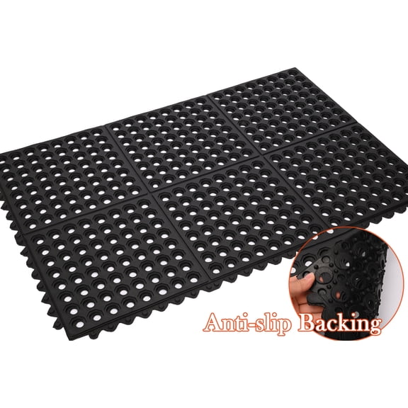 WANLISELL Interlocking Rubber Drainage Mat, 24'' x 36'' Anti-Fatigue Non-Slip Kitchen Floor Mat, Indoor Outdoor Shower Pool Mat, Black