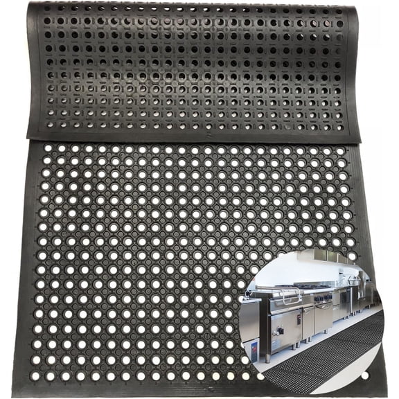 WANLISELL Rubber Drainage Mat, 60'' x 36'' Non-Slip Doormat Indoor/Outdoor, Commercial Heavy Duty Rubber Mat for Restaurant Kitchen Bathroom, Black