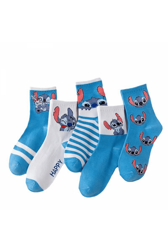WANNGWEE 5 Pairs Stitch Kids Athletic Crew Socks - Soft, Warm & Comfortable Cartoon Socks for Boys & Girls - Non-Slip Everyday Socks for School, Sports & Play WW728#1320