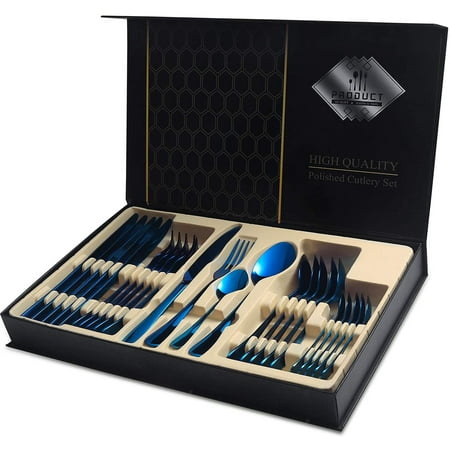 WANOSS Silverware Set&24-Piece Stainless Steel Flatware Service for 6, Mirror Finish Utensil Set with Gift Box, Kitchen Cutlery Tableware for Home Party Restaurant(Blue-1)