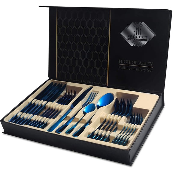 WANOSS Silverware Set&24-Piece Stainless Steel Flatware Service for 6, Mirror Finish Utensil Set with Gift Box, Kitchen Cutlery Tableware for Home Party Restaurant(Blue-1)