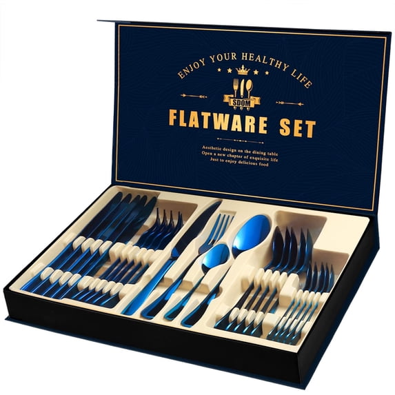 WANOSS Silverware Set with Gift Box, Mirror Finish 24-Piece Stainless Steel Flatware Set, Kitchen Utensil Set Service for 6, Tableware Cutlery Set for Home Party Restaurant(Blue-2)