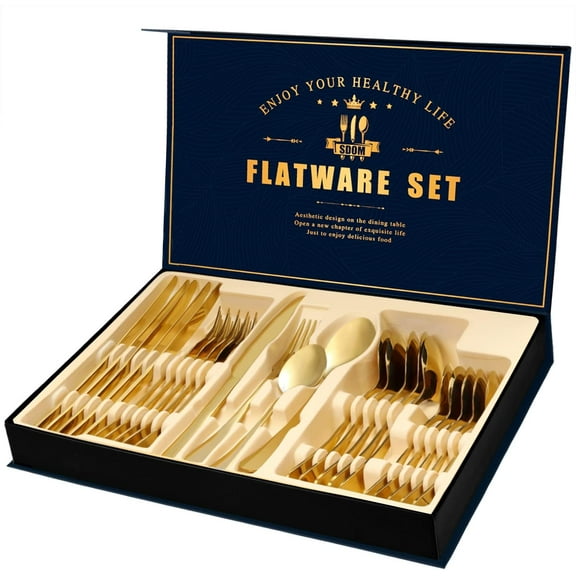 WANOSS Silverware Set, Mirror Finish 24-Piece Stainless Steel Rounded Flatware Set for 6, Food-Grade Tableware Cutlery Set, Utensil Sets for Home Restaurant, Dishwasher Safe（Gold）