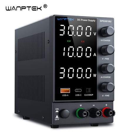 WANPTEK DC Power Supply, 30V 10A Adjustable High-Precision 4-Digit LED Display Switching Power Supply with 18W USB-C/A Fast Charging Port and Encoder Knob for Laboratories Electronics Repair and DI