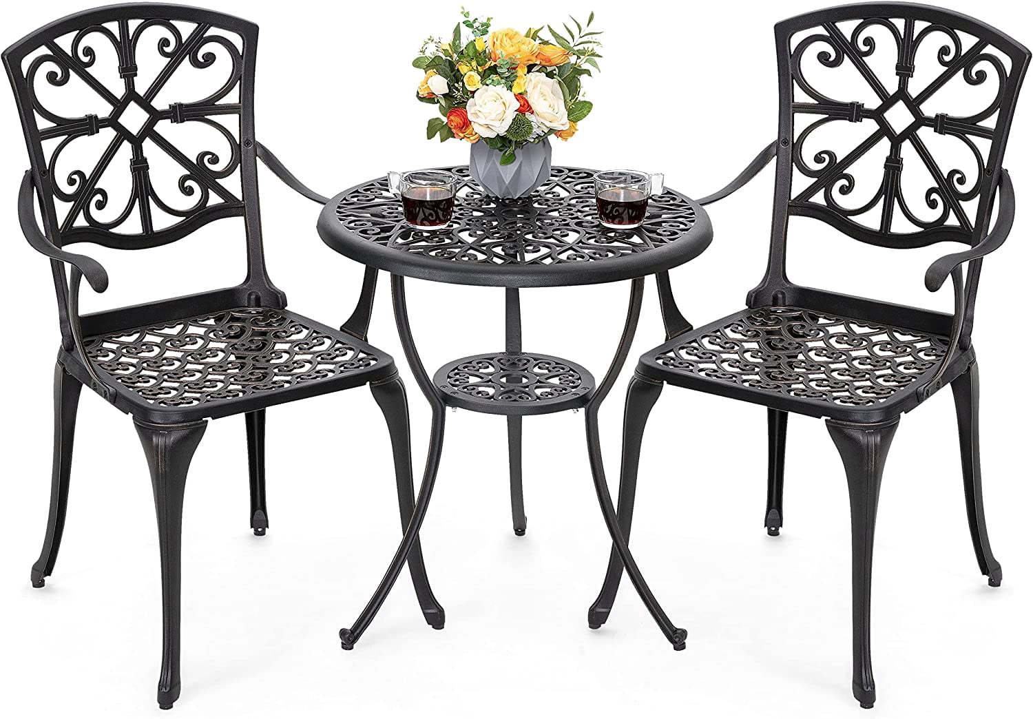 WANSHUN 3 Piece Outdoor Bistro Set Cast Aluminum Patio Set Bistro Table ...