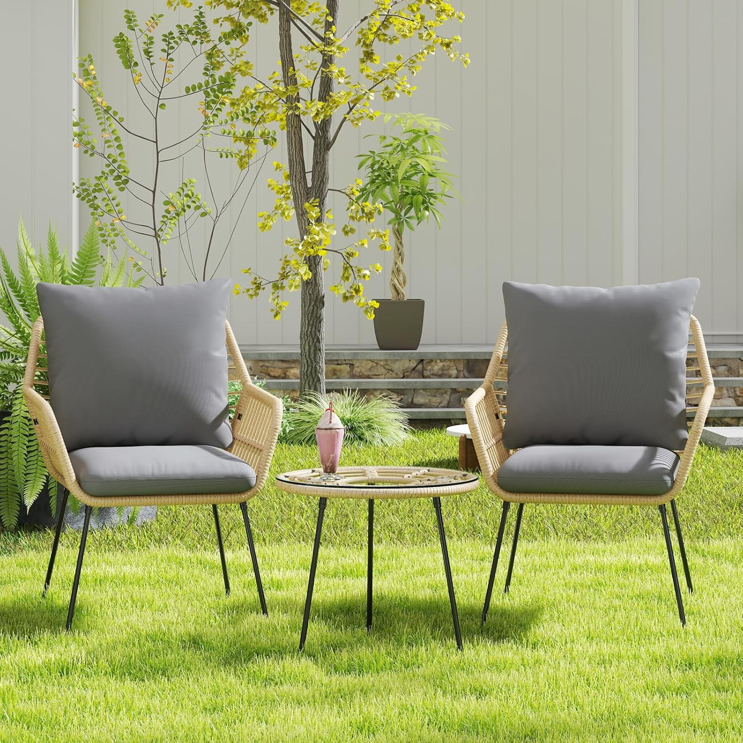 WANSHUN 3-Piece Patio Bistro Set, Outdoor Rattan Bistro Set for 2 with ...
