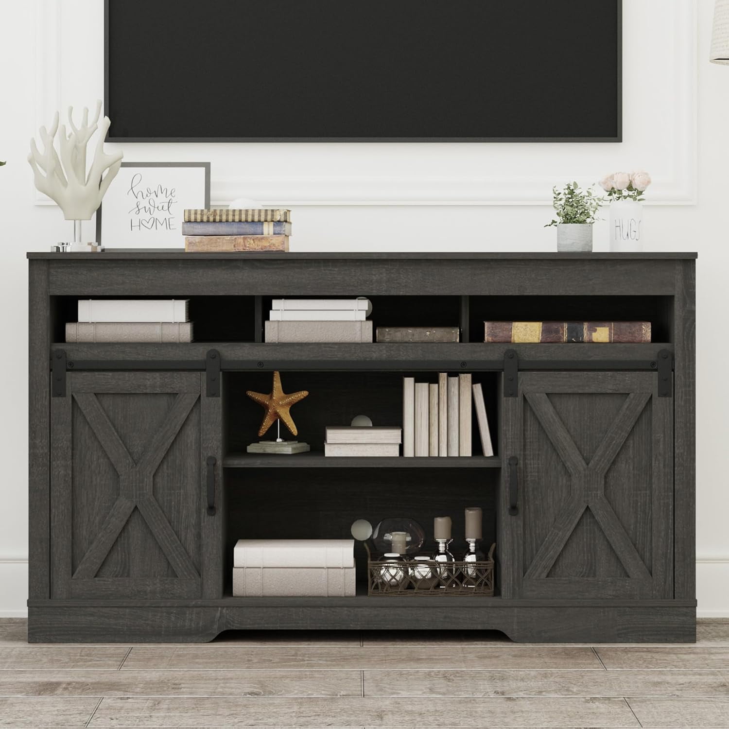 WANSHUN Farmhouse TV Stand for 65+ Inch TV, 34'' Tall Entertainment ...
