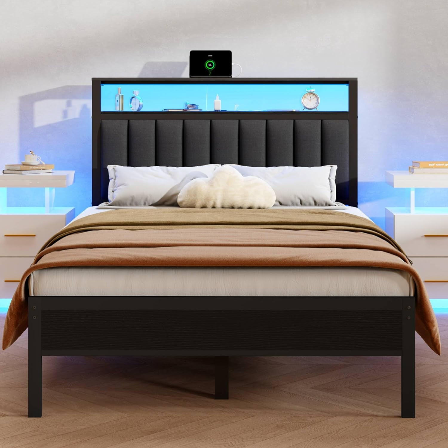 WANSHUN Full Size Bed Frame with Charging Station and LED Lights ...