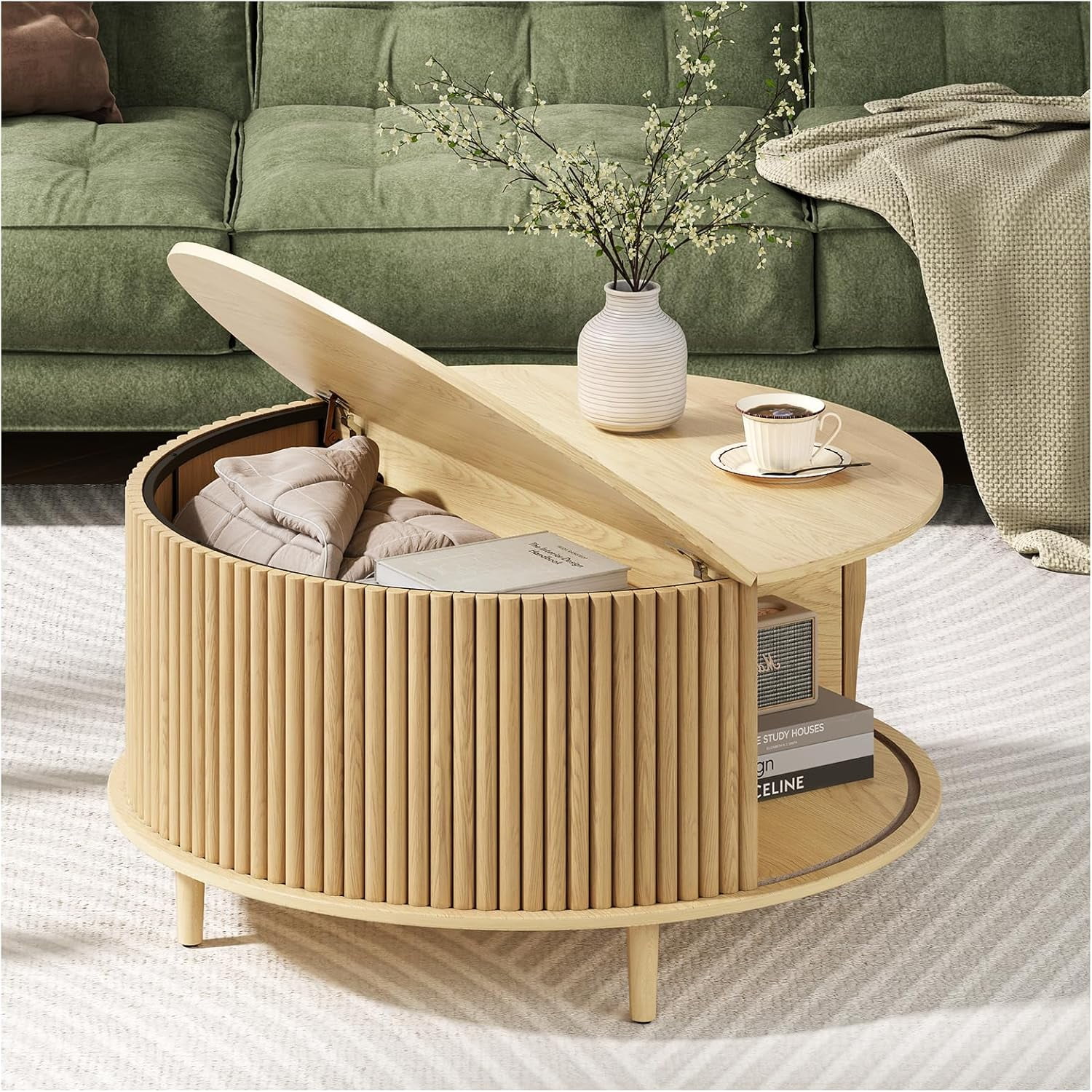 WANSHUN Round Coffee Table with Storage,Fluted Coffee Table for Living ...