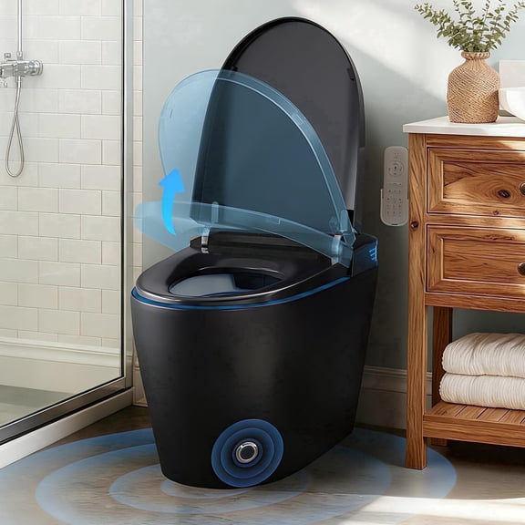 WANSID Black Smart Toilet, Advanced Bidet,Tankless with Remote Control | Auto Open/Close Lid, Heated Seat, Bidet Wash & Dry,Powerful Siphon Flush