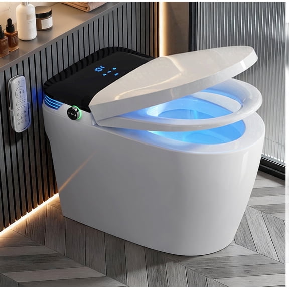 WANSID Smart Toilet with Tankless Bidet Wash, Auto Open Lid, 1.28 Gallons Auto Dual Flush, Heat Seat, Warm Wash/Dryer, Soft Closing, Remote Control