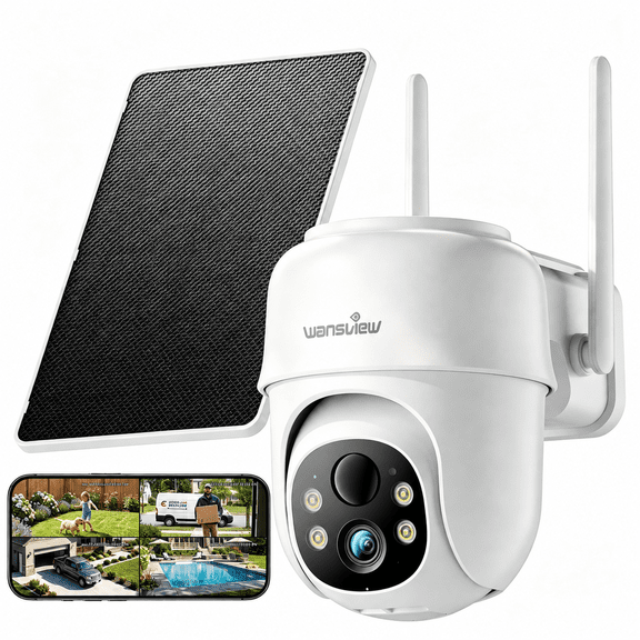 WANSVIEW 2K Outdoor Camera Wireless, 360View Solar Security Cameras Wireless Outdoor, IP65 Security Cameras Wireless Wifi with Color Night Vision, Two Way-Audio