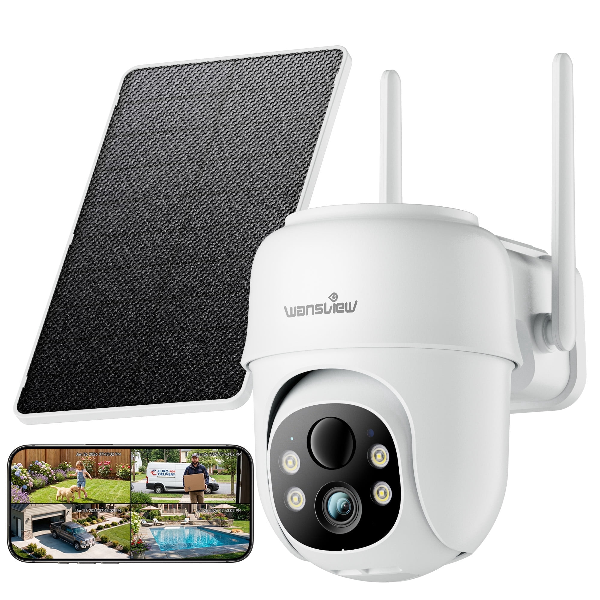 WANSVIEW 2K Outdoor Camera Wireless, 360°View Solar Security Cameras Wireless Outdoor, IP65 Security Cameras Wireless Wifi with Color Night Vision, Two Way-Audio