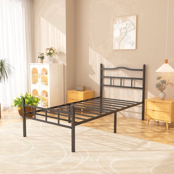 WANTAI 14 inch Twin XL Metal Platform Bed Frame with Headboard, Heavy Duty Steel Slats, No Box Spring Needed