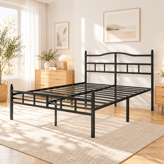 PIVOTIX 14 inch Queen Metal Platform Bed Frame with Headboard, Heavy Duty Steel Slats, No Box Spring Needed