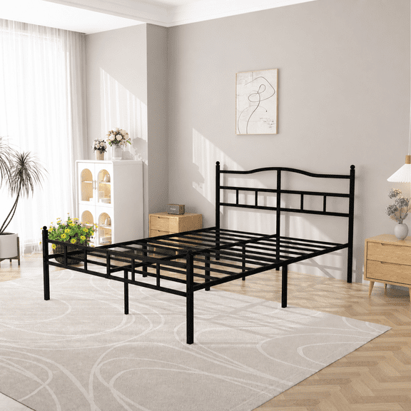 WANTAI 14 inch Queen Metal Platform Bed Frame with Headboard, Heavy Duty Steel Slats, No Box Spring Needed