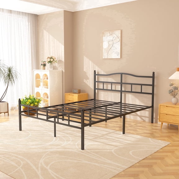 WANTAI 14 inch Queen Metal Platform Bed Frame with Headboard, Heavy Duty Steel Slats, No Box Spring Needed