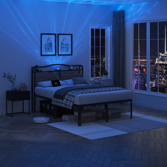 WANTAI Full Bed Frame - Storage Headboard with Charging Station & Galaxy Aurora Projector, 14 Inch Sturdy Metal Platform Bed Frame No Box Spring Needed, Easy Assembly, No Noise, Brown
