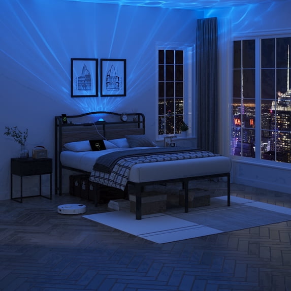 WANTAI Full Bed Frame - Storage Headboard with Charging Station & Galaxy Aurora Projector, 14 Inch Sturdy Metal Platform Bed Frame No Box Spring Needed, Easy Assembly, No Noise, Brown