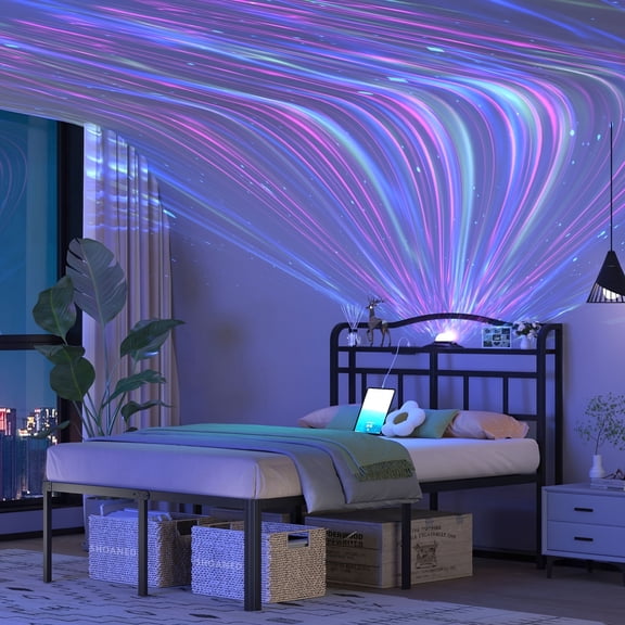 WANTAI Queen Bed Frame - Storage Headboard with Charging Station & Galaxy Aurora Projector, 14 Inch Sturdy Metal Platform Bed Frame No Box Spring Needed, Easy Assembly, No Noise, Black