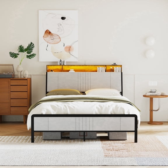 WANTAI Queen Size Upholstered Bed Frame with LED Lights & Storage